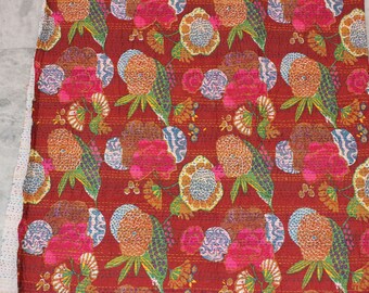 Maroon Floral Kantha Fabric By The Yard, Embroidered Indian Textile