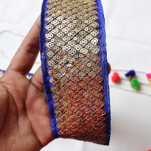 Blauwgouden Indiase bies Geometrische bies Kant pailletten borduurgaren op maat geknipte zijden boho-jurk Verfraaid interieurversiering Kant gouden stoffen rand