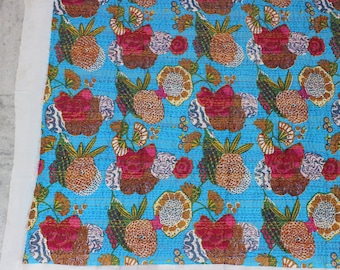 Turquoise Floral Kantha Fabric by the Yard, Boho Indian Textile