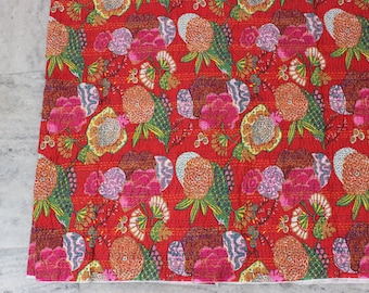Red Floral Kantha Fabric - Embroidered Indian Textile by The Yard