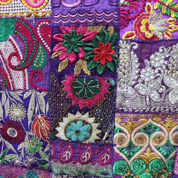 Purple Indian Lace by the yard Embroidered Indian Fabric Boho Indian Textile Fabric Patchwork Vintage Sewing Project Recycled Fabrics