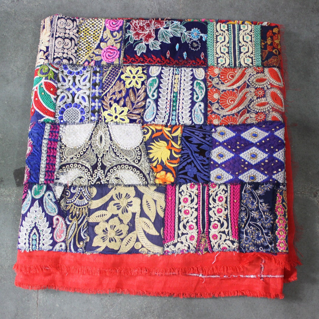 Blue Embellished Fabric Patchwork Fabric Boho Indian Fabric Indian