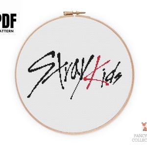 Puede incluir: Un patrón de punto de cruz negro y rojo del logotipo "Stray Kids".