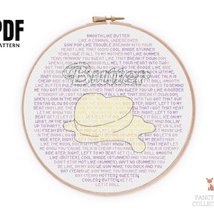 Puede incluir: Un bastidor de bordado con un diseño de punto de cruz con la letra de la canción "Butter" de BTS. El diseño incluye la palabra "Butter", una forma amarilla y el texto "PDF PATTERN".