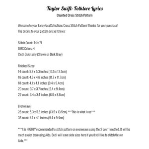 Taylor Swift Folklore Lyrics Cross Stitch Pattern PDF - Etsy