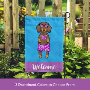 Dachshund Garden Flag (GIRL) - Double Sided Unique Dachshund Gift -  Weiner Dog Gift - GIRL Sunbathing Dachshund Garden Flag