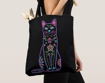 Cat Tote Bag - Color Sugar Skull cat tote bag - cat Lover Gift - cat gift