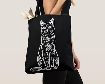 Cat Tote Bag - Black & White Sugar Skull cat tote bag - cat Lover Gift - cat gift