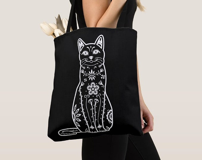 Cat Tote Bag - Black & White Sugar Skull cat tote bag - cat Lover Gift - cat gift