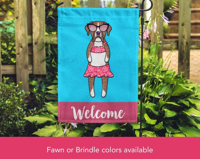 Boxer Garden Flag (GIRL) - Double Sided Unique Boxer Gift -  Boxer Dog Gift - GIRL Sunbathing Boxer Garden Flag - Fawn or Brindle