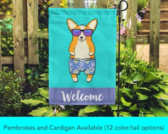 Corgi Garden Flag (Double Sided) 12" x 18" - Corgi Gift - Pembroke and Cardigan Corgis - BOY Sunbathing Corgi Garden Flag