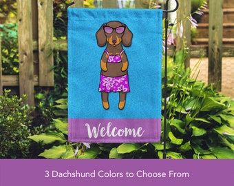 Dachshund Garden Flag (GIRL) - Double Sided Unique Dachshund Gift -  Weiner Dog Gift - GIRL Sunbathing Dachshund Garden Flag