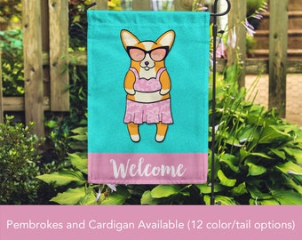 Corgi Garden Flag - Double Sided Unique Corgi Gift - Pembroke and Cardigan Corgis - GIRL Sunbathing Corgi - Tri Color/Merle/Brindle Corgis