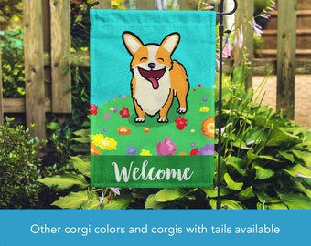 Corgi Garden Flag -Double Sided Unique Corgi Gift - Pembroke and Cardigan Corgis -  Spring Corgi Garden Flag - Tri Color/Merle Corgis