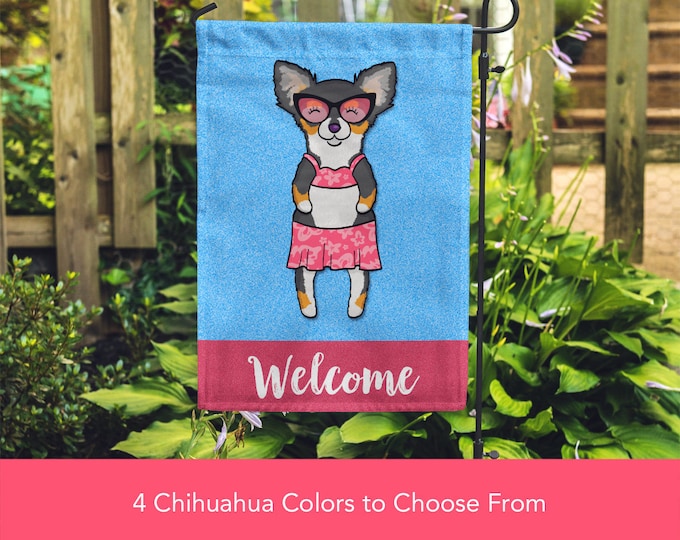 Chihuahua Garden Flag (GIRL) - Double Sided Unique Chihuahua Gift -  Long Haired Chihuahua Dog Gift - GIRL Sunbathing Chihuahua Garden Flag