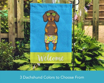 Dachshund Garden Flag (BOY) - Double Sided Unique Dachshund Gift -  Weiner Dog Gift - BOY Sunbathing Dachshund Garden Flag