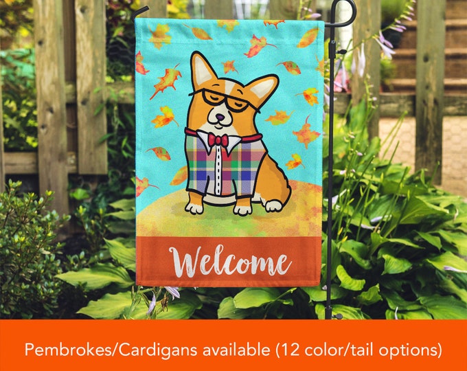 Double Sided Corgi Garden Flag - Unique Corgi Gift - Pembroke and Cardigan Corgis -  Autumn Fall Corgi Garden Flag - Tri Color/Merle Corgis