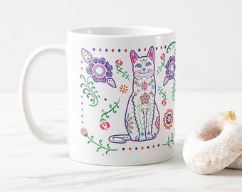 Sugar Skull Color Cat Mug - Cat Coffee Mug - Dia de los muertos - Dia de los Gatos - Pet Lover Gift- Cat Mug