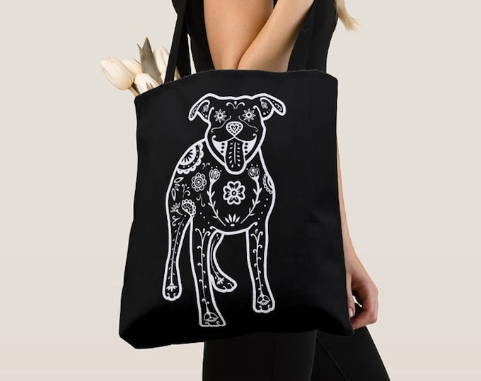 Pit Bull Tote Bag - White Sugar Skull Pitbull tote bag - Dog Lover Gift - Pit Bull gift