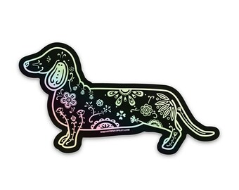 Holographic Dachshund Sticker - 3" dachshund sticker, laptop, mug sticker, dachshund decal - sugar skull lover gift idea - FREE SHIPPING