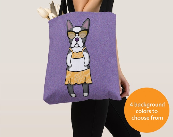 GIRL Sunbathing Boston Terrier Tote Bag -Boston Terriers- Boston Terrier Dog Lover Gift-4 BACKGROUND COLORS
