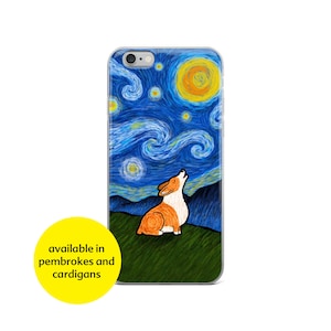May include: A clear phone case with a painting of a starry night sky and a corgi dog howling at the moon. The painting is in the style of Vincent van Gogh.