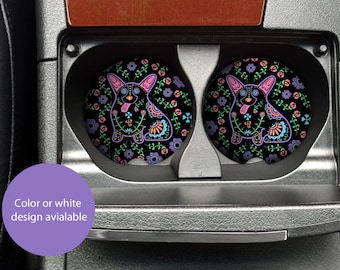 Sugar Skull Corgi Car Coasters - Set of 2 Sugar Skull Corgi Sandstone Car Coasters - Unique Corgi Gift - Corgi Dog Gift