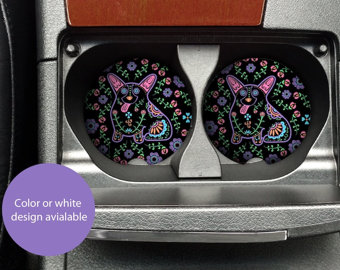 Sugar Skull Corgi Car Coasters - Set of 2 Sugar Skull Corgi Sandstone Car Coasters - Unique Corgi Gift - Corgi Dog Gift