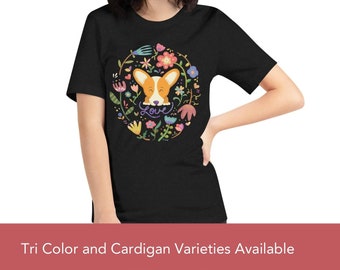 Corgi Love with Flowers - Unisex t-shirt - Corgi Lover Gift- Scandinavian art