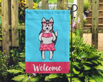 Double Sided Husky Garden Flag (GIRL) - Unique Husky Gift - GIRL Sunbathing Husky Garden Flag - Siberian Husky