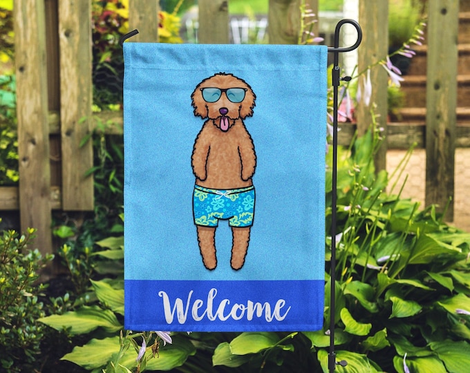 Goldendoodle Garden Flag (BOY) - Double Sided Unique Goldendoodle Gift -  Golden Doodle Dog Gift - BOY Sunbathing Goldendoodle Garden Flag