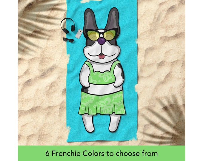 French Bulldog Beach Towel - Girl Frenchie Beach Towel - 30" x 60" or 36" x 72" - Different French Bulldog Colors Available