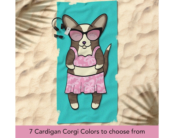 Cardigan Welsh Corgi Beach Towel - Fluff In The Sun Girl - 30" x 60" or 36" x 72" - Different Cardigan Corgi Colors Available