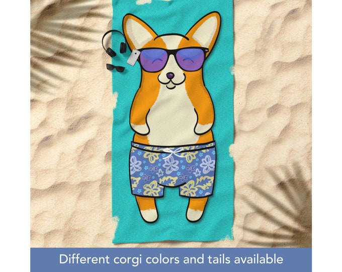 BOY Corgi Beach Towel - Fluff In The Sun - 30" x 60" or 36" x 72" - Different Corgi Colors Available - Sunbathing Corgi Towel | Corgi Gift