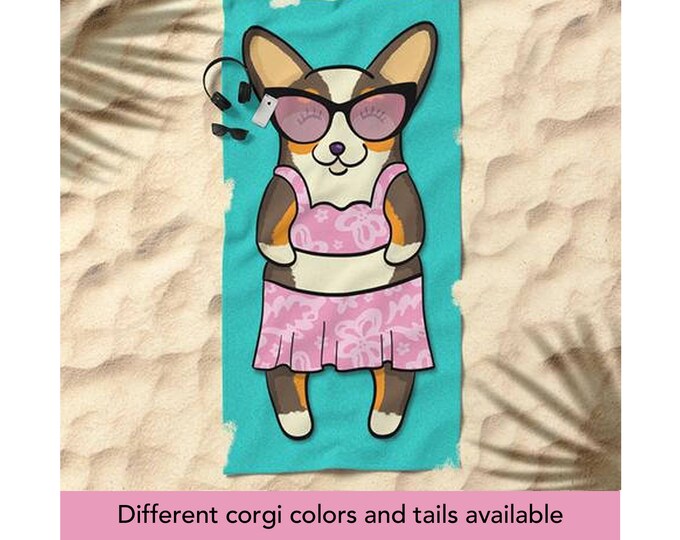Corgi Beach Towel - Fluff In The Sun Girl - 30" x 60" - Different Corgi Colors Available