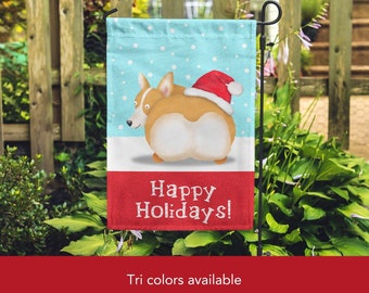 Double Sided Holiday Corgi Garden Flag - Unique Corgi Gift - Corgi Butt Corgis - Holiday Corgi Garden Flag - Tri Color Corgis