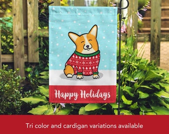 Holiday Corgi Garden Flag - Double Sided  Unique Corgi Gift - Pembroke and Cardigan Corgis - Holiday Corgi  - Tri Color/Merle/Brindle Corgis