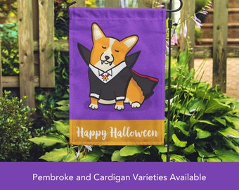 Halloween Corgi Garden Flag - Double Sided Unique Corgi Gift - Pembroke & Cardigan Corgis - Tri Color/Merle/Brindle Corgis