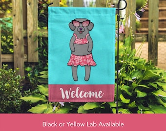 Black or Yellow Lab Garden Flag (GIRL) - Double Sided Unique Labrador Gift -  Labrador Retriever Dog Gift - GIRL Sunbathing Lab Garden Flag