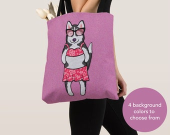 GIRL Sunbathing Husky Tote Bag - Husky - Husky Lover Gifts - 4 BACKGROUND COLORS