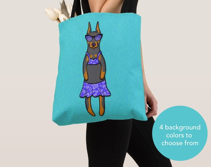 GIRL Sunbathing Doberman Tote Bag - Doberman Pincher - Doberman Lover Gifts - 4 BACKGROUND COLORS