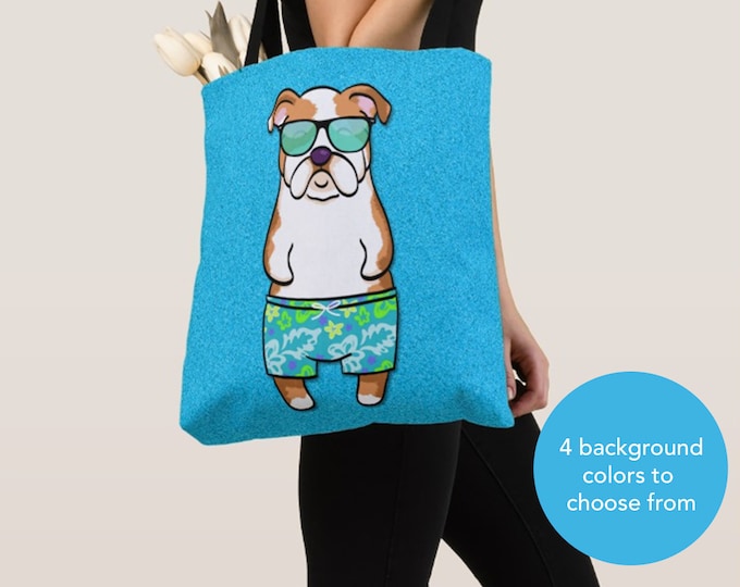 BOY Sunbathing Bulldog Tote Bag - English Bulldog - Bulldog Lover Gifts - 4 BACKGROUND COLORS
