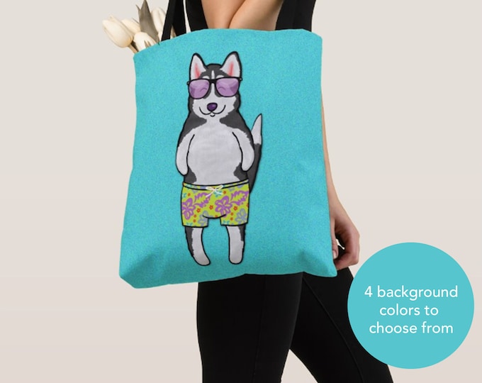 BOY Sunbathing Husky Tote Bag - Husky - Husky Lover Gifts - 4 BACKGROUND COLORS
