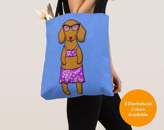 GIRL Sunbathing Dachshund Tote Bag (Black/Tan, Chocolate, or Red Dachshund Available) -Dachshunds- Weiner Dog Lover Gift-4 BACKGROUND COLORS