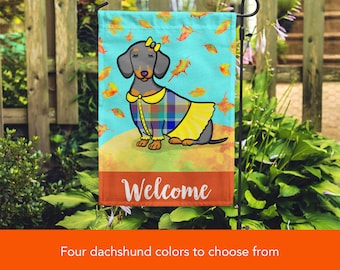 GIRL Dachshund Garden Flag - Double Sided - Unique Corgi Gift - Dachshunds -  Autumn Flag - Red, Black/Tan, Chocolate and Dapple