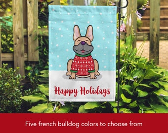 Holiday French Bulldog Garden Flag - Double Sided Unique French Bulldog Gift - Holiday French Bulldog Garden Flag (Blue, Fawn & more)