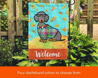 BOY Dachshund Garden Flag - Double Sided Unique Corgi Gift - Dachshunds -  Fall Dachshund Garden Flag - Red, Black/Tan, Chocolate and Dapple