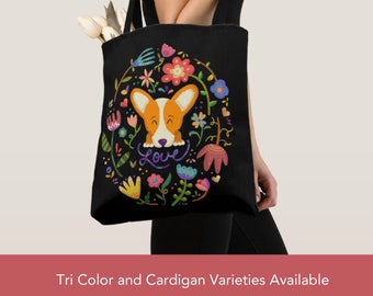 Corgi Tote Bag  - Corgi - Corgi Love and Flowers- Pet Lover Gift - Pembroke or Cardigan Colors - Tri color - Merle, Brindle 3 sizes