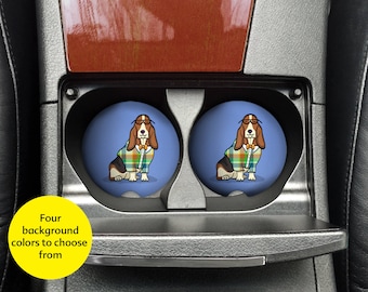 Basset Hound Car Coasters - Set of 2 Basset Hound Sandstone Car Coasters - Unique Basset Hound Gift - Basset Hound
