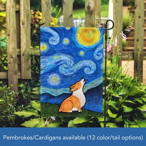 Double Sided Starry Night Corgi Garden Flag - Unique Corgi Gift - Pembroke and Cardigan Corgis -  Starry Baroo - Tri Color/Merle Corgis